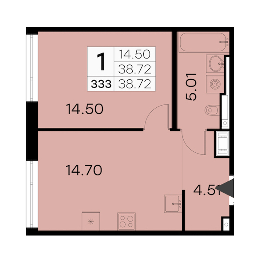 1-комнатная квартира 38.72 м², 16/19 эт., ЖК «GloraX Aura Vasileostrovsky»